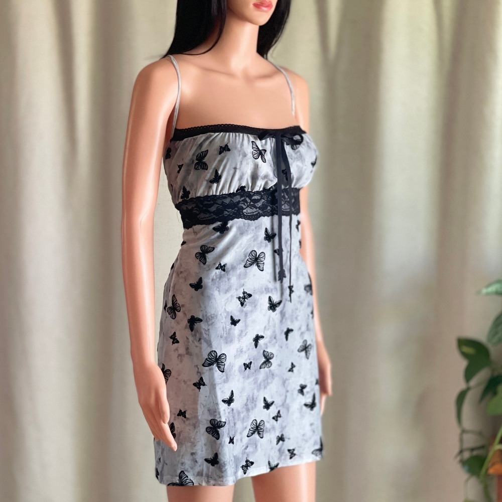 NWT Pretty Damage Butterfly Mesh‎ Mini Dress Grey Black Y2K Grunge Fairycore L